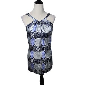 August Silk 1X Silk Blend Blue and White Patterned Tank Top Halter Top